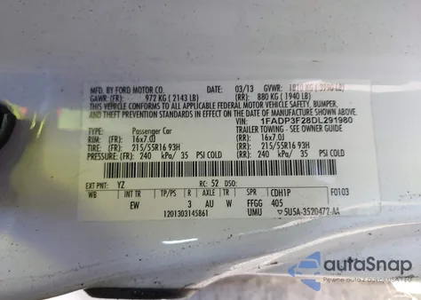 2013 Ford Focus Se z USA, uszkodzony, nr VIN 1FADP3F28DL291980